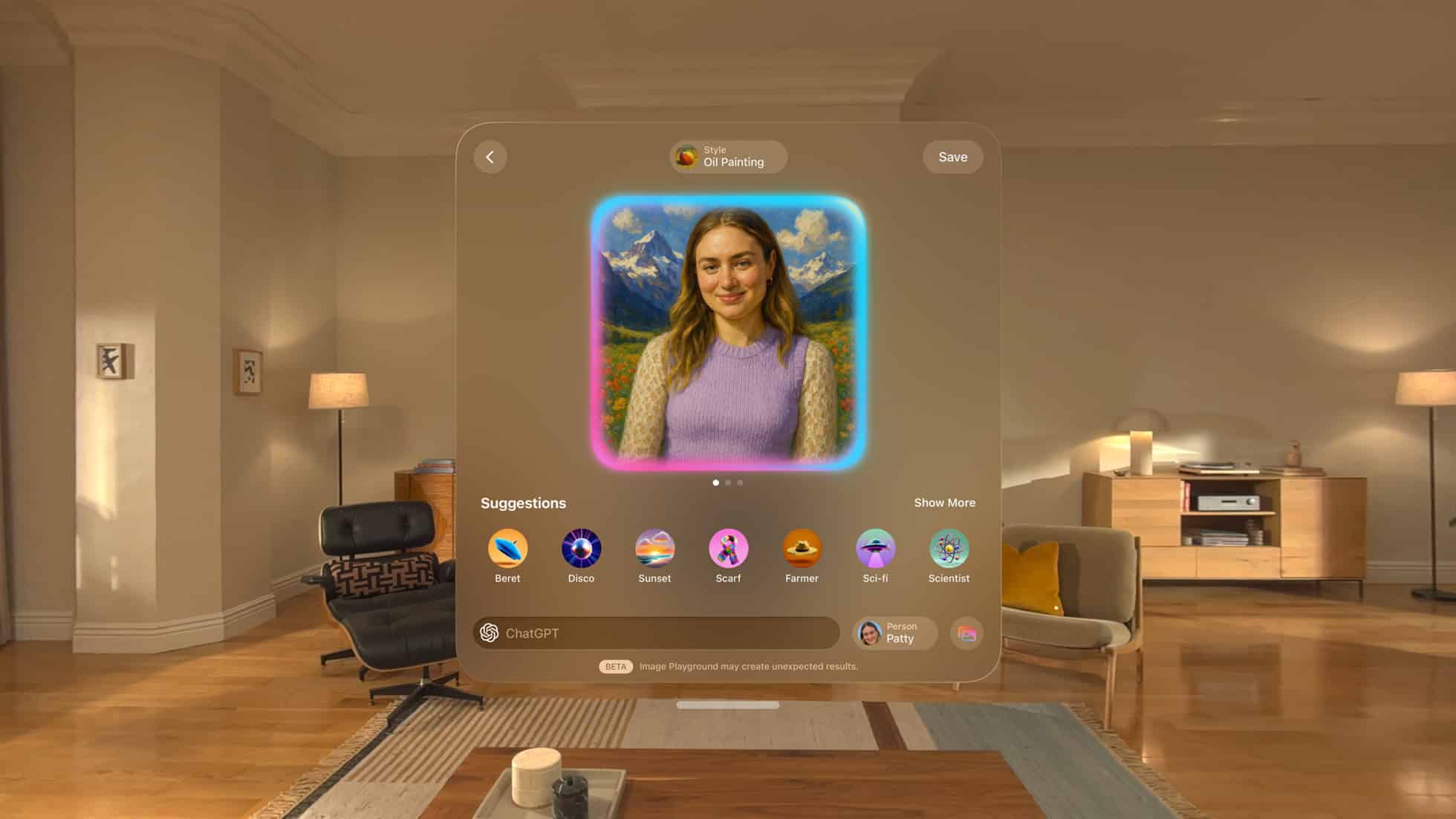 A cozy modern living room with wooden floors and stylish furniture is overlaid with a visionOS digital interface showing a woman's portrait framed by a colorful border, labeled "Oil Painting," and various artistic style suggestions below.