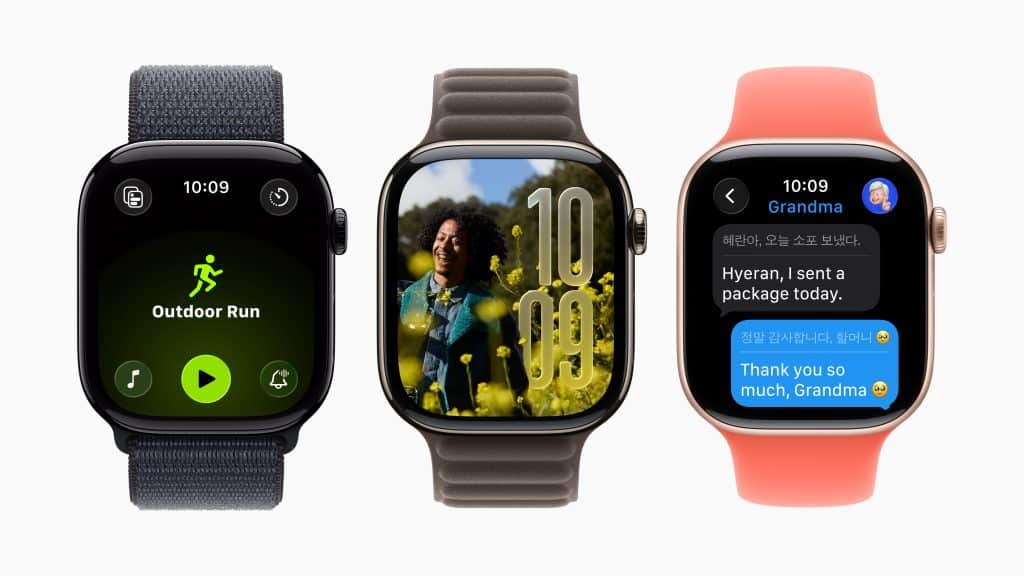 Three Apple Watches with watchOS 26 display different screens: an outdoor run activity, a watch face featuring a woman in a field, and a message conversation with "Grandma" shown in English and Korean.