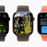 Three Apple Watches with watchOS 26 display different screens: an outdoor run activity, a watch face featuring a woman in a field, and a message conversation with "Grandma" shown in English and Korean.