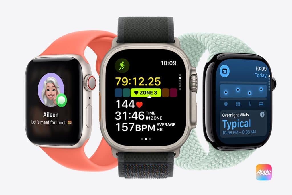 Three Apple Watches are displayed: one shows a message from Aileen, another displays a workout screen with heart rate and time, and the third shows health stats. The Apple logo is in the bottom right corner.