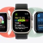 Three Apple Watches are displayed: one shows a message from Aileen, another displays a workout screen with heart rate and time, and the third shows health stats. The Apple logo is in the bottom right corner.