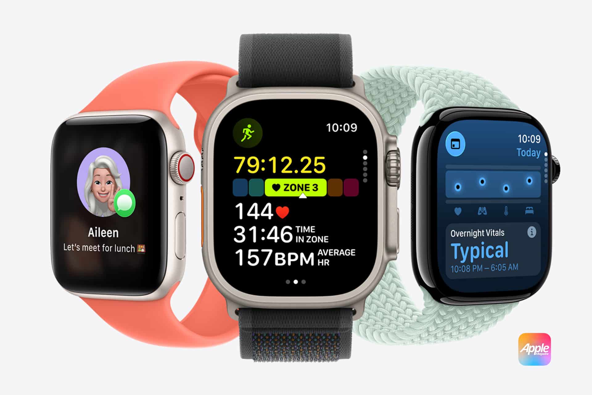 Three Apple Watches are displayed: one shows a message from Aileen, another displays a workout screen with heart rate and time, and the third shows health stats. The Apple logo is in the bottom right corner.