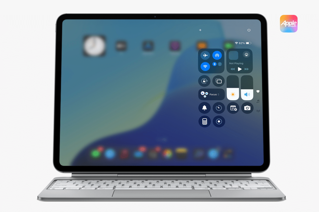 A tablet with a keyboard attached displays a blurred home screen and Control Center, showcasing icons and controls. The Apple logo appears in the top right corner of the image.