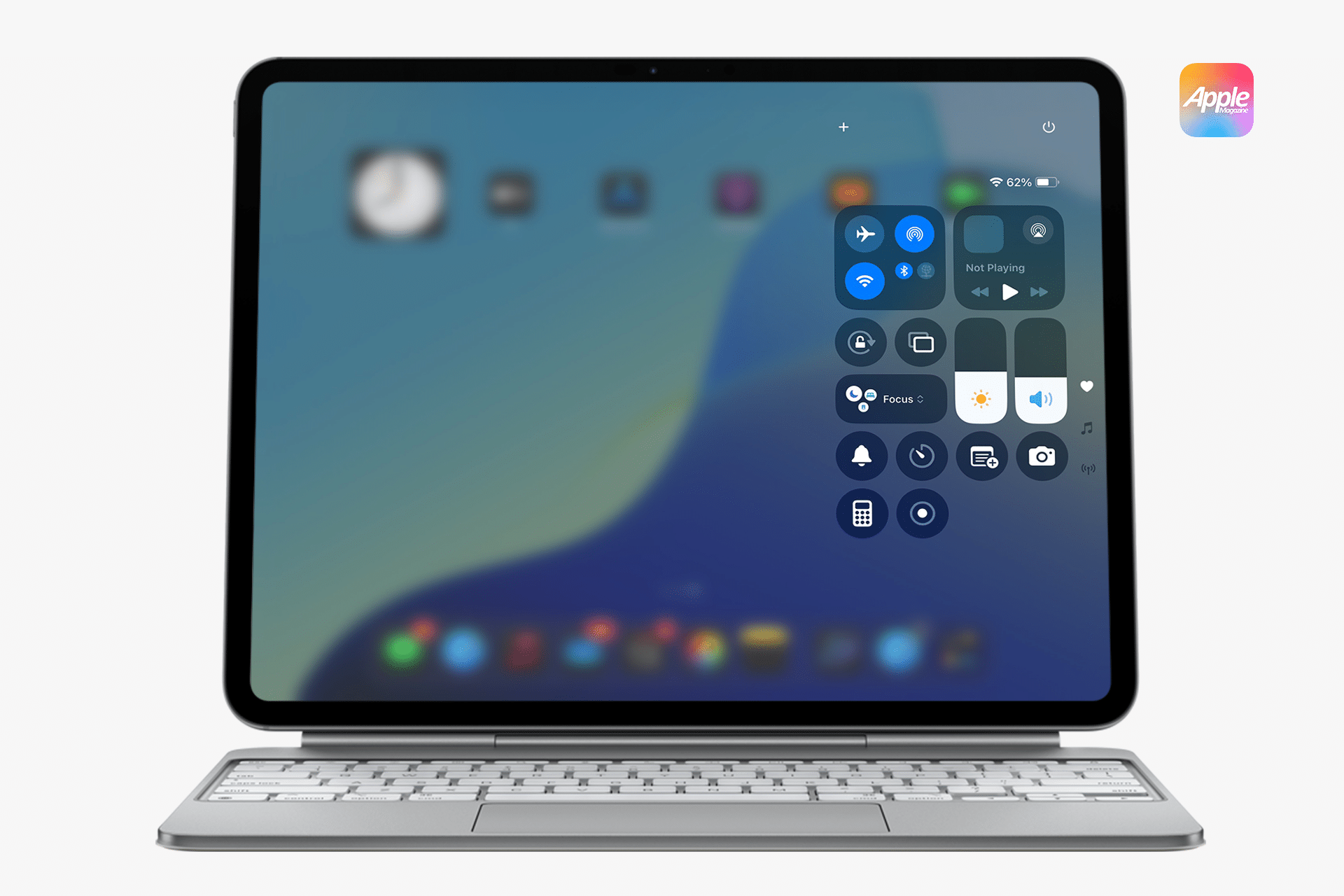 A tablet with a keyboard attached displays a blurred home screen and Control Center, showcasing icons and controls. The Apple logo appears in the top right corner of the image.