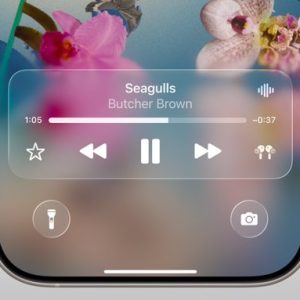 Close-up of a smartphone screen with Liquid Glass Design, showing music playback controls for "Seagulls" by Butcher Brown. Flashlight and camera icons appear at the bottom, set against a floral wallpaper, running on iOS 26.