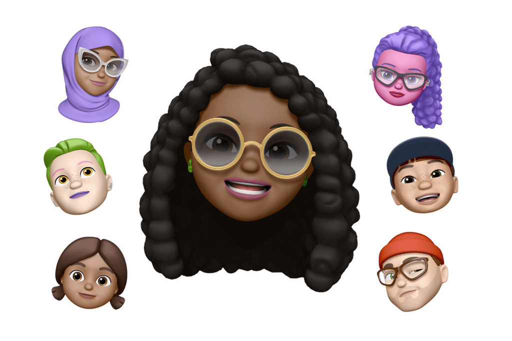 A central 3D cartoon avatar with dark curly hair and round glasses is surrounded by six diverse cartoon faces, illustrating how you can create a Memoji or digital twin for personalized iPhone messaging, all on a white background.