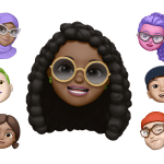 A central 3D cartoon avatar with dark curly hair and round glasses is surrounded by six diverse cartoon faces, illustrating how you can create a Memoji or digital twin for personalized iPhone messaging, all on a white background.