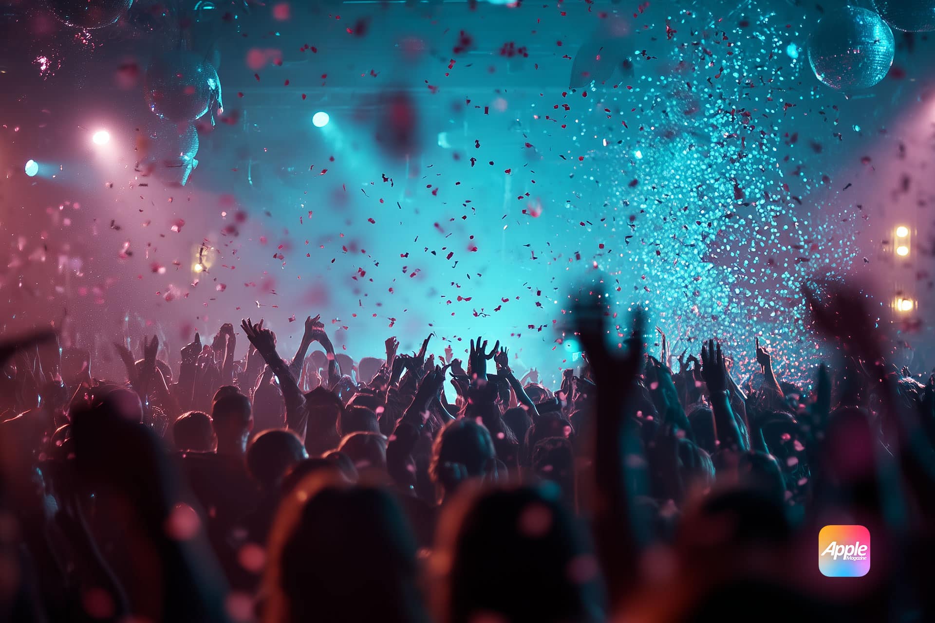 A vibrant crowd dances with raised hands under colorful lights and falling confetti at a lively concert or party. The festive atmosphere is enhanced by Apple AutoMix, with a visible Apple logo in the corner.