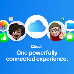 A blue background features the iCloud+ logo centered among Apple app icons, two illustrated avatars, and the text: “iCloud+—One powerfully connected experience for all your Apple services.”.