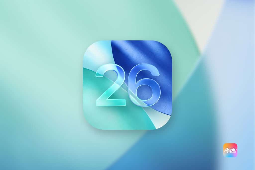 A digital icon with the number 26 in translucent font over abstract blue and teal shapes, set against a soft gradient background. The Apple logo appears in the bottom right corner.