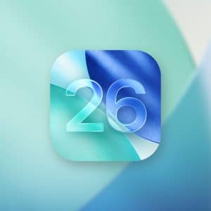 A digital icon with the number 26 in translucent font over abstract blue and teal shapes, set against a soft gradient background. The Apple logo appears in the bottom right corner.