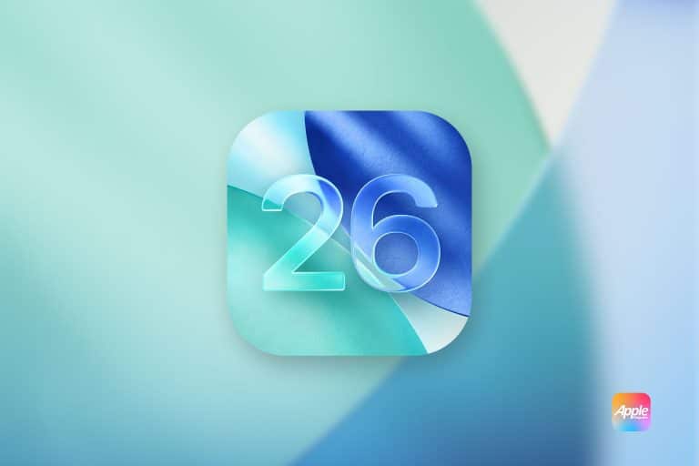 A digital icon with the number 26 in translucent font over abstract blue and teal shapes, set against a soft gradient background. The Apple logo appears in the bottom right corner.