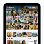 A tablet screen displays the Photos app, featuring a grid of colorful photo thumbnails at the top and sections for Recent Days, People & Pets, and Pinned collections below—perfect for keeping memories organized with Family Sharing.