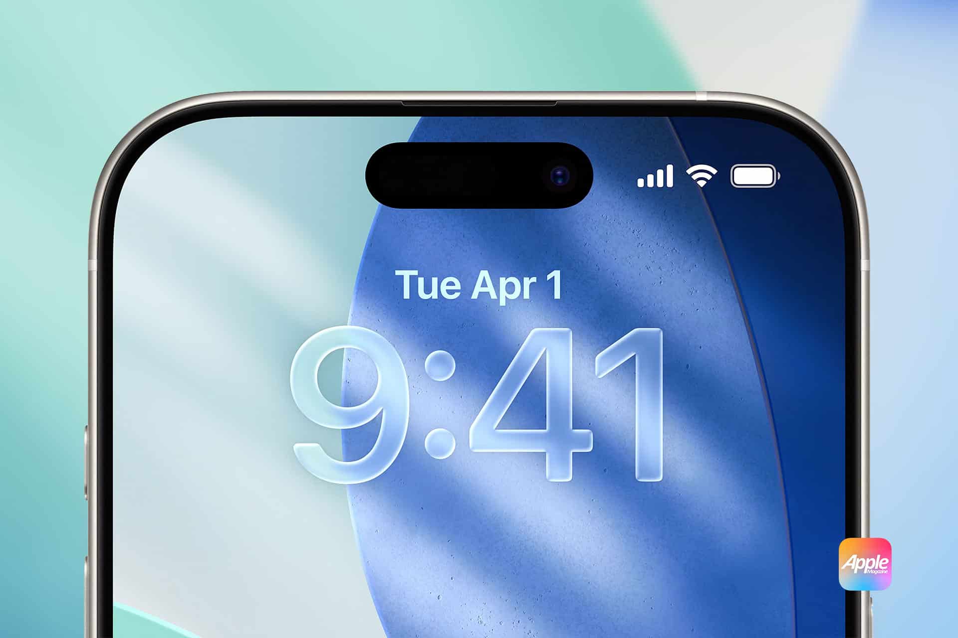 Close-up of the top half of an iPhone screen showing the time 9:41 and date Tue Apr 1, with a blue abstract background. The Apple logo is in the lower right corner.