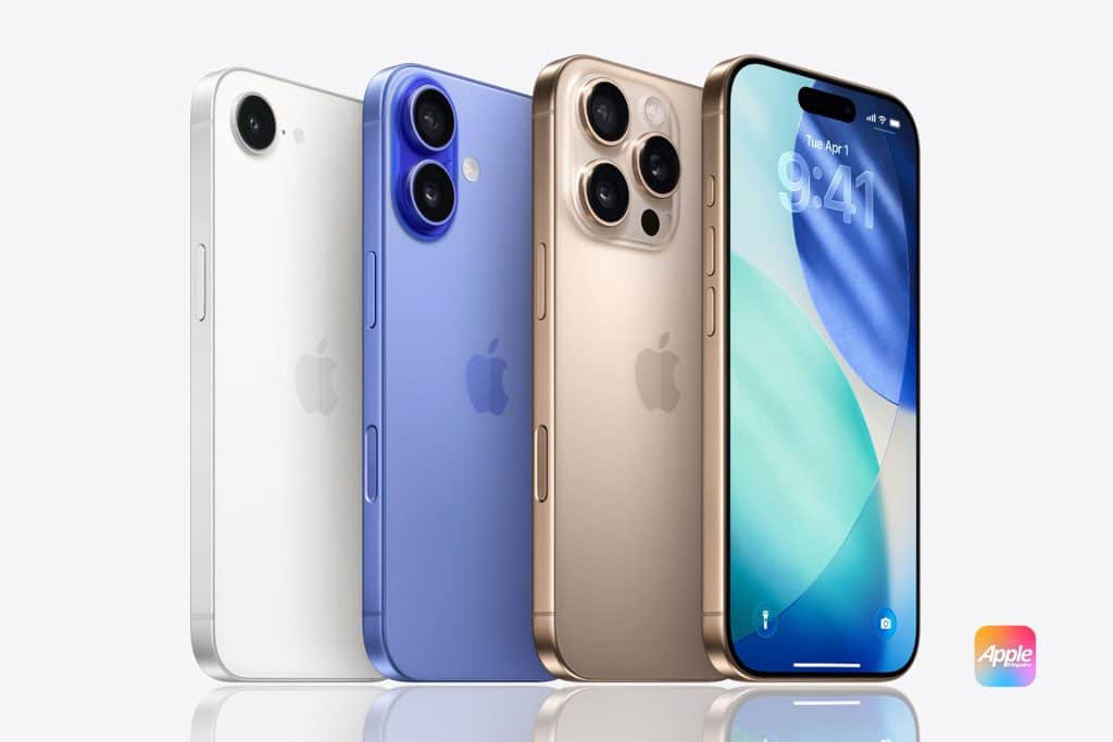 Three iPhones in different colors (white, blue, and gold) are shown standing upright, with one displaying the home screen and the Apple logo in the bottom right corner on a light background.