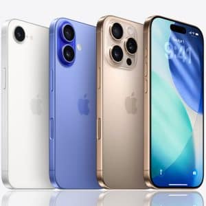 Three iPhones in different colors (white, blue, and gold) are shown standing upright, with one displaying the home screen and the Apple logo in the bottom right corner on a light background.