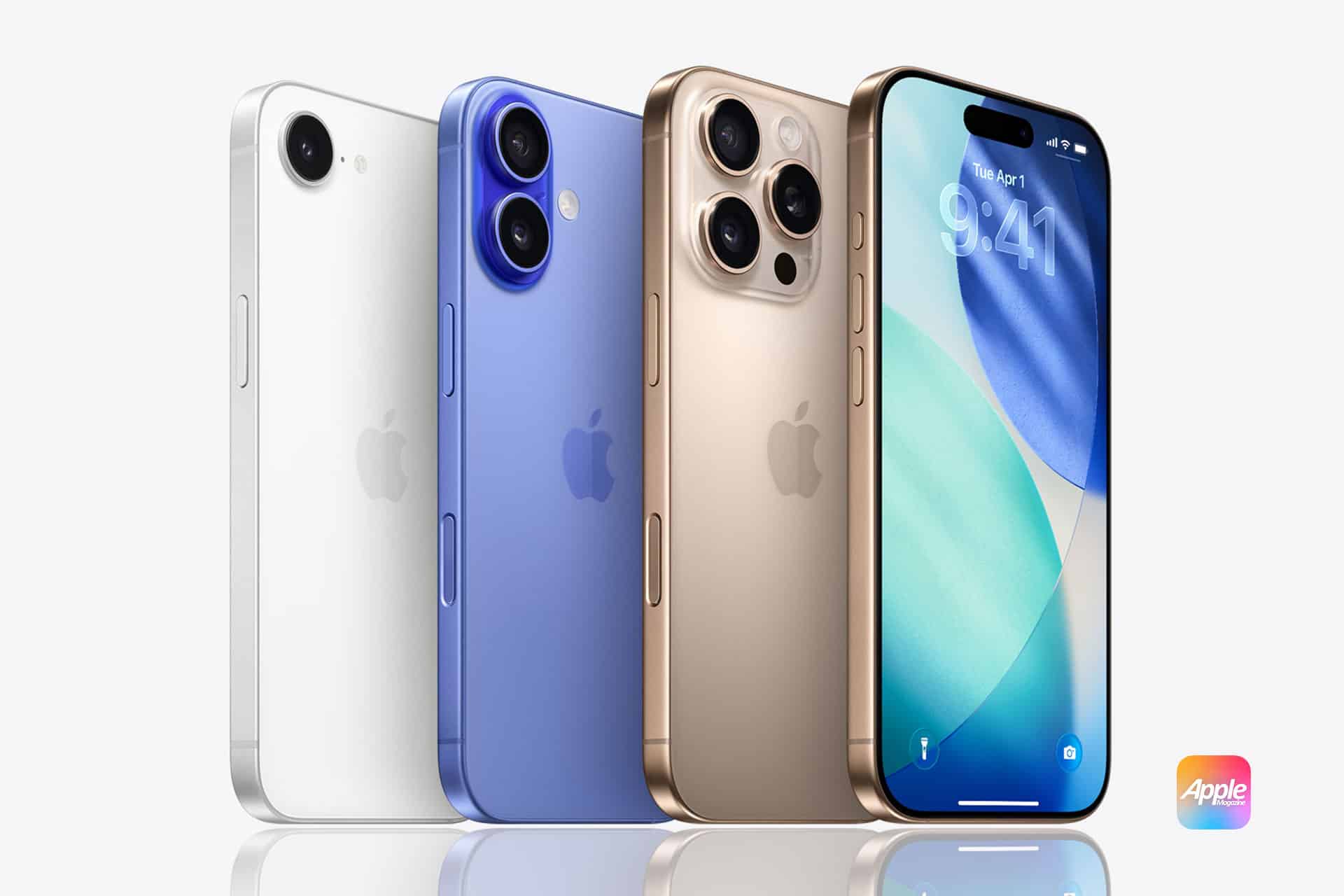 Three iPhones in different colors (white, blue, and gold) are shown standing upright, with one displaying the home screen and the Apple logo in the bottom right corner on a light background.