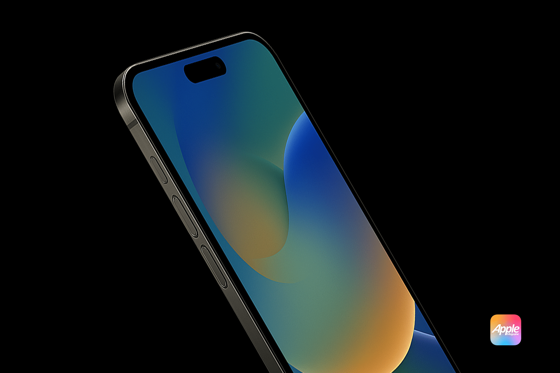 A close-up of the new iPhone 17 Pro with a colorful abstract wallpaper, showing the side buttons and front display, angled against a black background. The Apple logo appears in the bottom right corner.