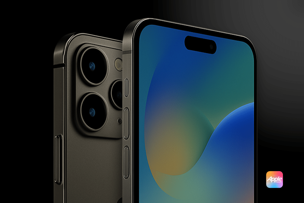 Close-up of two modern smartphones, possibly the iPhone 17 Air, with black edges and triple rear cameras, showcasing their sleek design. The screen displays a colorful abstract wallpaper. An Apple logo appears in the bottom right corner.