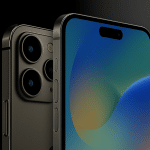 Close-up of two modern smartphones, possibly the iPhone 17 Air, with black edges and triple rear cameras, showcasing their sleek design. The screen displays a colorful abstract wallpaper. An Apple logo appears in the bottom right corner.