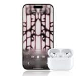 An iPhone displaying an Apple Music player screen stands upright behind a pair of white wireless earbuds in an open charging case. The Apple logo is visible in the bottom right corner of the white background.