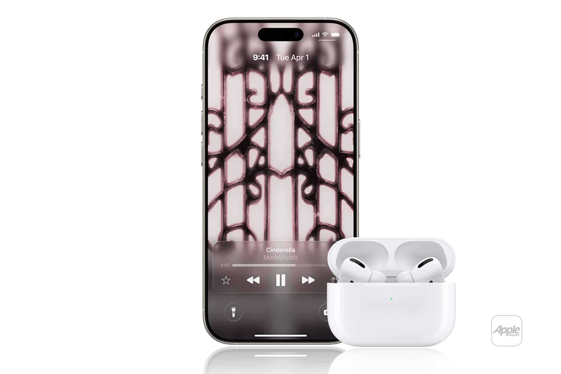 An iPhone displaying an Apple Music player screen stands upright behind a pair of white wireless earbuds in an open charging case. The Apple logo is visible in the bottom right corner of the white background.
