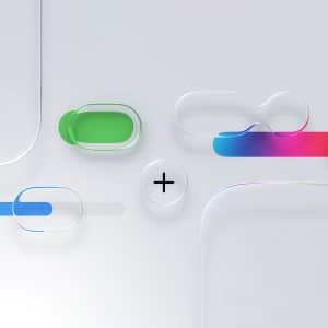 Abstract digital artwork with translucent switches, buttons, and sliders in green, blue, and rainbow colors on a light background. A black plus sign is at the center, with a faint Apple logo at the bottom right.