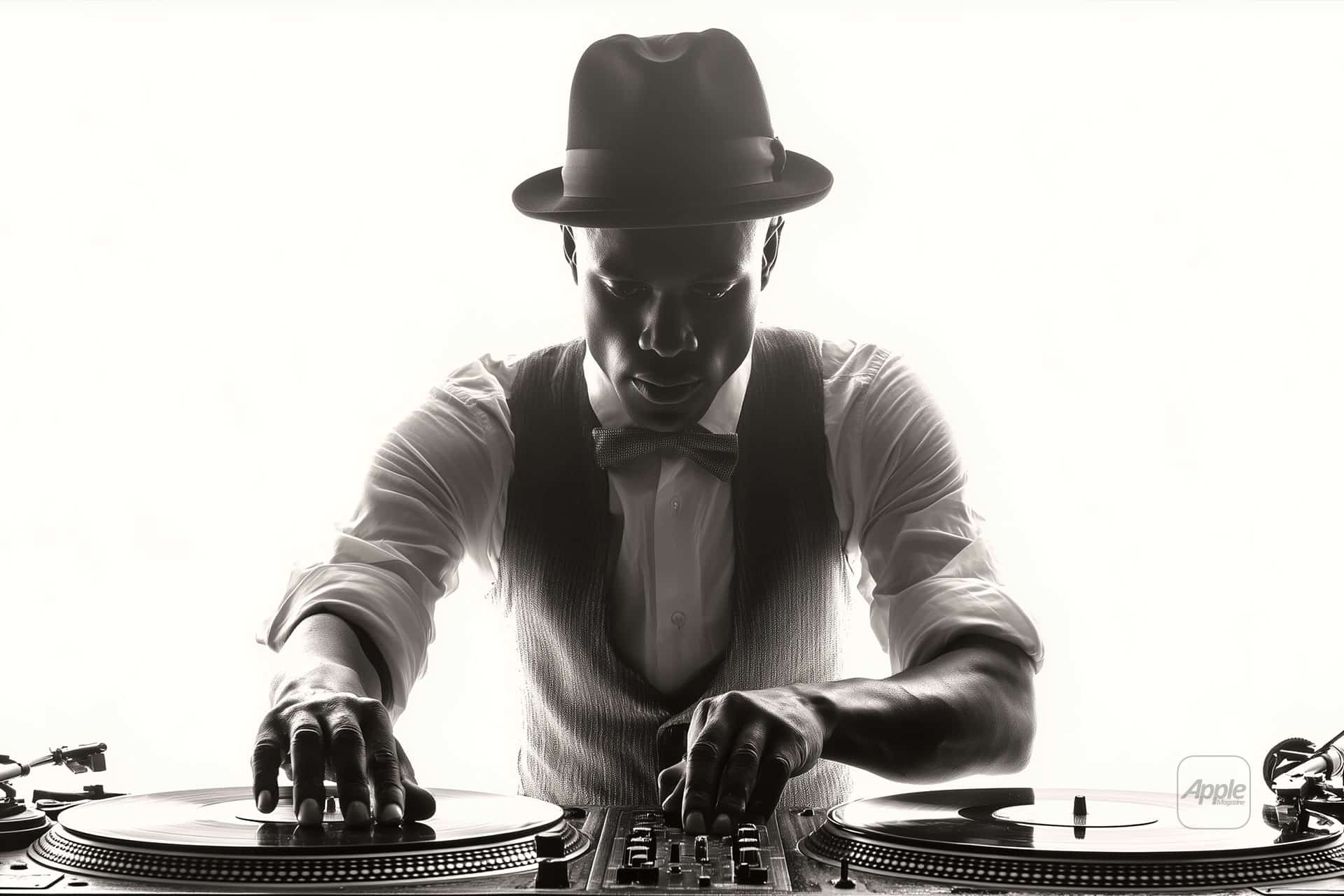 A DJ wearing a hat, bow tie, and vest is focused while mixing music on turntables, showcasing the precision possible with Apple AutoMix features, against a bright white background that creates a dramatic silhouette effect.