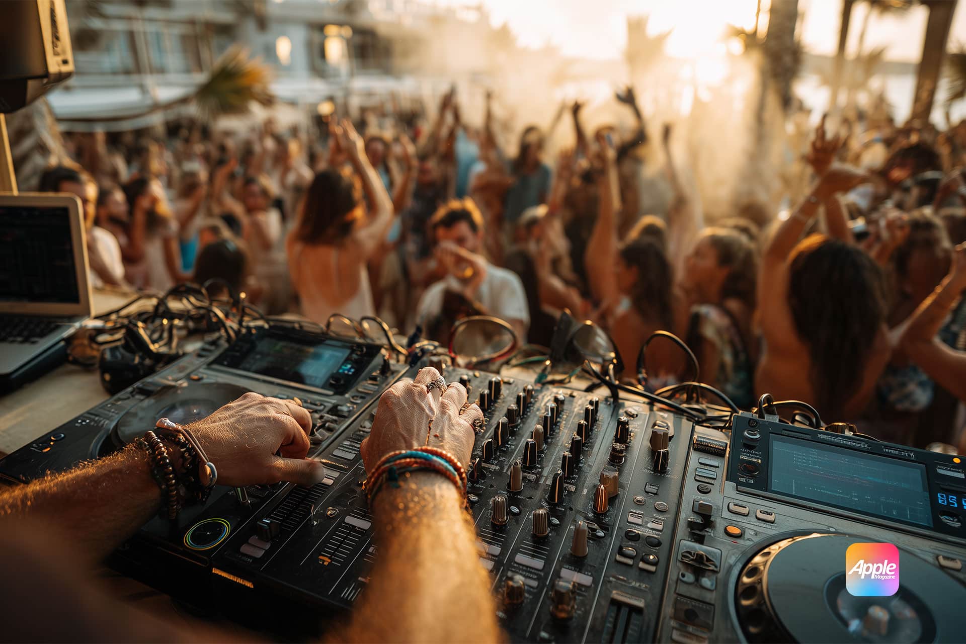 A DJ operates a mixing console at an outdoor beach party as a lively crowd dances in the sunlight. The energetic scene, enhanced by palm trees and golden lighting, showcases the seamless blending possible with Apple AutoMix features.