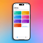 A smartphone displays the iOS 18 Shortcuts app with colorful shortcut tiles, such as Home ETA, Directions, Play Playlist, and Upload Last Photo, against a gradient background. The Apple logo is in the bottom right corner.