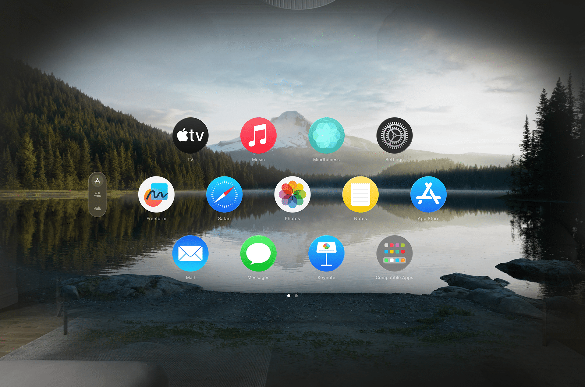 A digital interface with app icons, including TV, Music, Safari, and Photos, floats over a serene lake scene with trees and mountains, illustrating the harmony of technology and immersive environments.