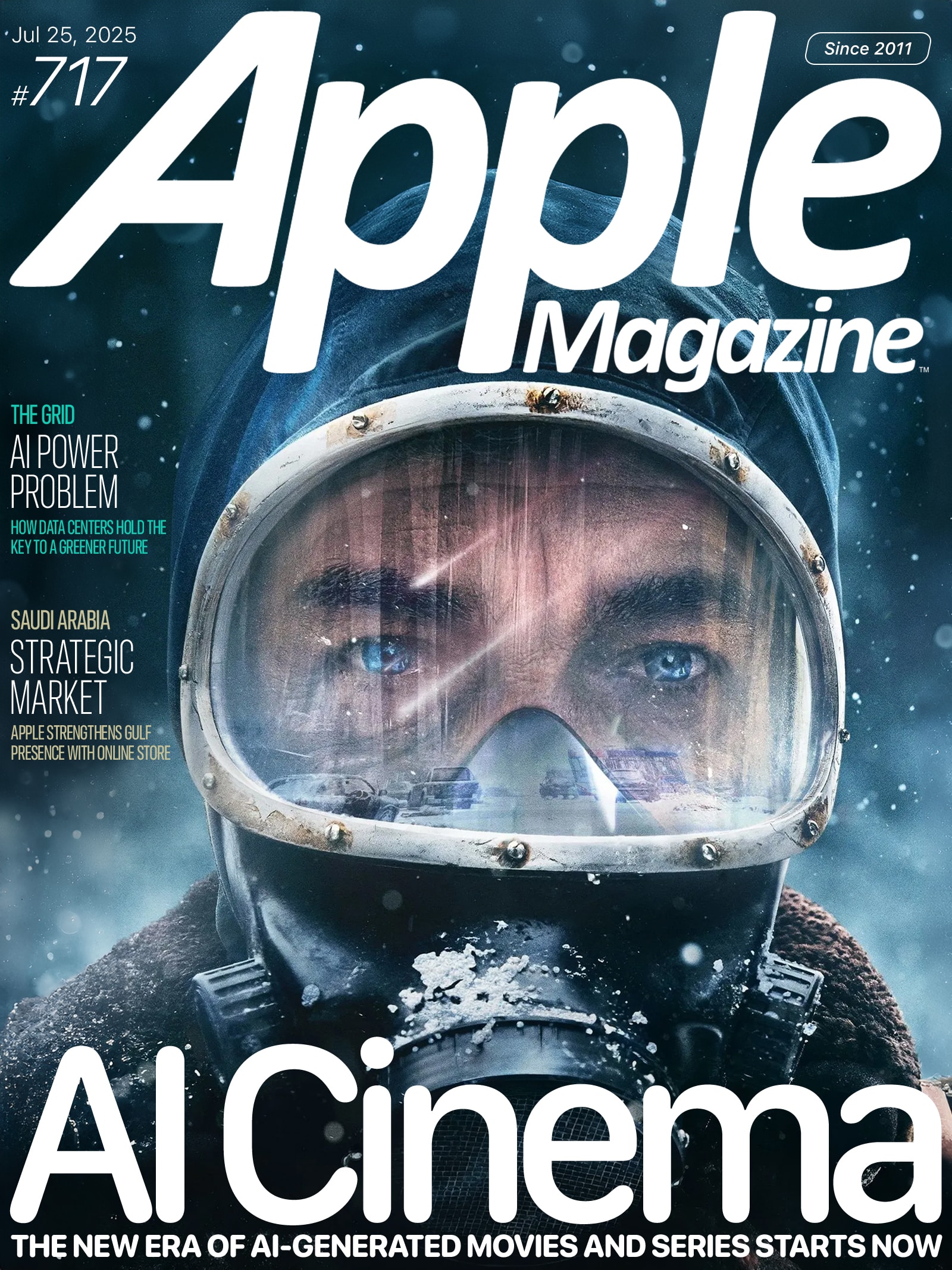 A person wearing a cold-weather hood and a clear face mask stands in falling snow. The magazine cover headline reads "AI Cinema: The new era of AI-generated movies and series starts now.