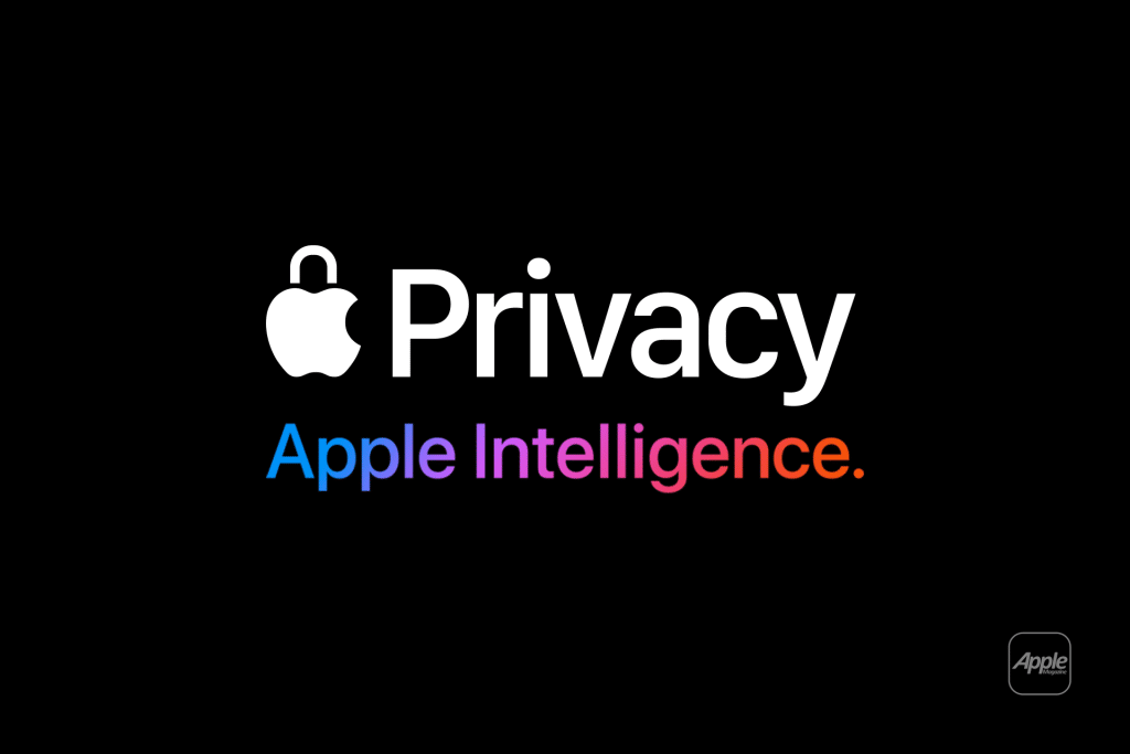 Black background with the Apple logo and a lock icon next to the word "Privacy." Below, "Apple Intelligence" appears in a blue, purple, and orange gradient—highlighting Apple's commitment to privacy in the AI Era. Small Apple logo in the bottom right corner.