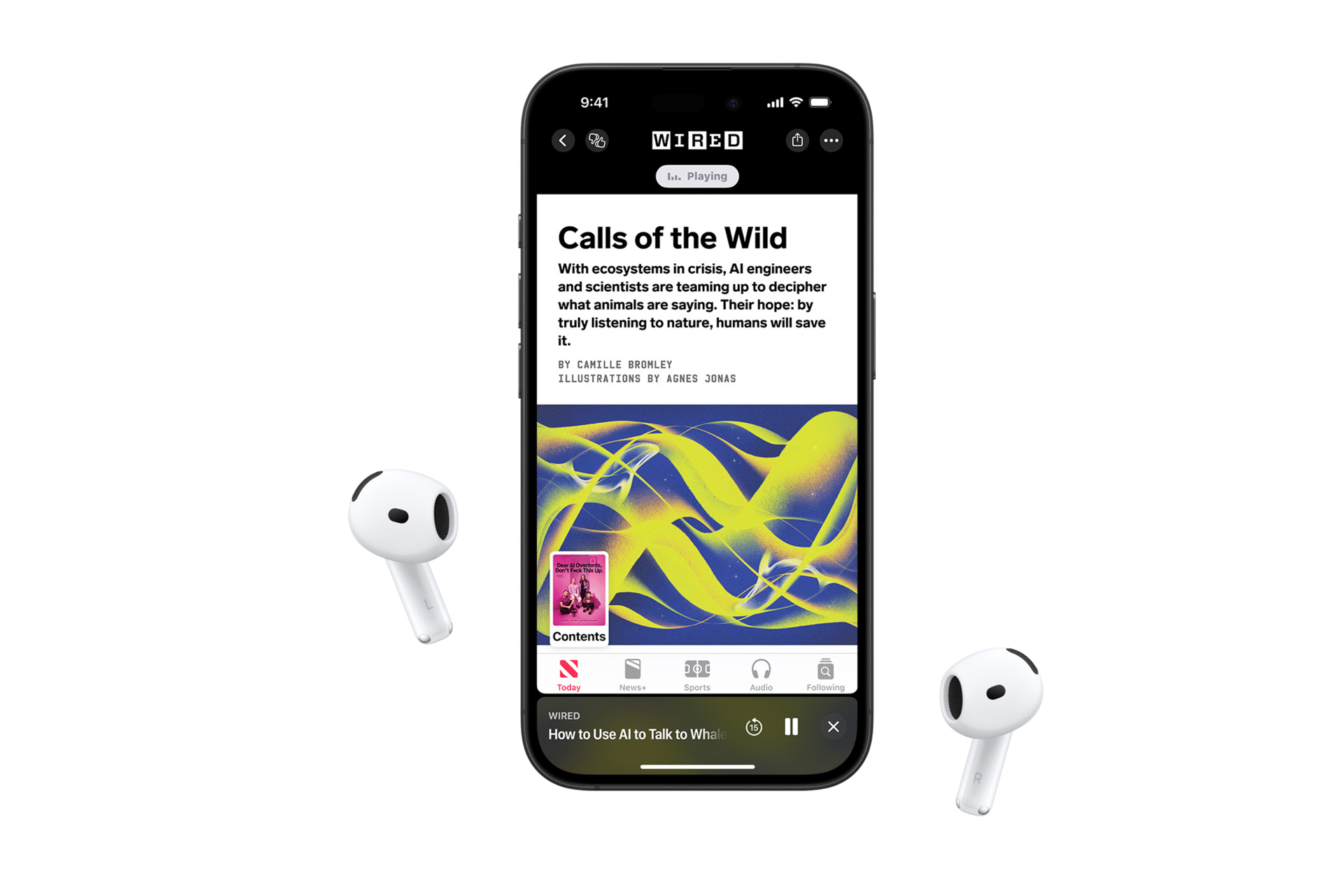An iPhone displays a WIRED article titled "Calls of the Wild" with abstract art, flanked by two wireless earbuds on a plain white background—perfect for exploring audio stories in the UK on Apple News+.