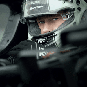 A race car driver wearing a helmet and gloves sits in the cockpit, looking intently ahead. The focus is on the driver's eyes, with car details and helmet logos visible—capturing the intensity of Apple’s $300 Million F1 movie.