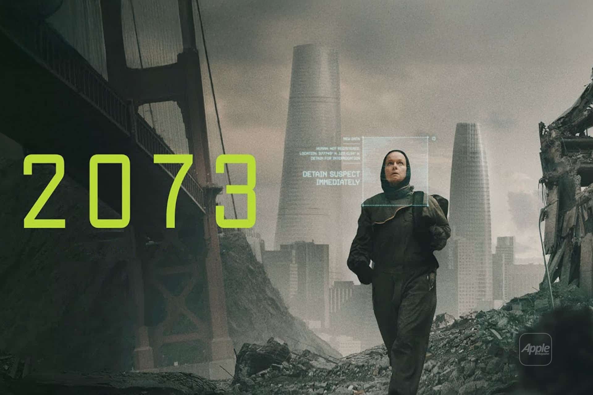 A person in a futuristic suit walks through a destroyed cityscape with tall buildings and the Golden Gate Bridge. Channeling Asif Kapadia’s style, the scene blurs fact with fiction as "2073" and "DETAIN SUSPECT IMMEDIATELY" appear in digital overlays.