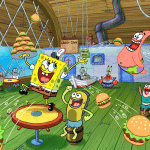 SpongeBob SquarePants and friends joyfully throw Krabby Patties around the Krusty Krab, with characters laughing, jumping, and celebrating in a colorful, animated Bikini Bottom restaurant scene.