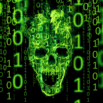 Green binary code streams down on a black background, forming a glowing skull in the center—hinting at cyber threats like macOS malware or scams such as fake Zoom update attacks.