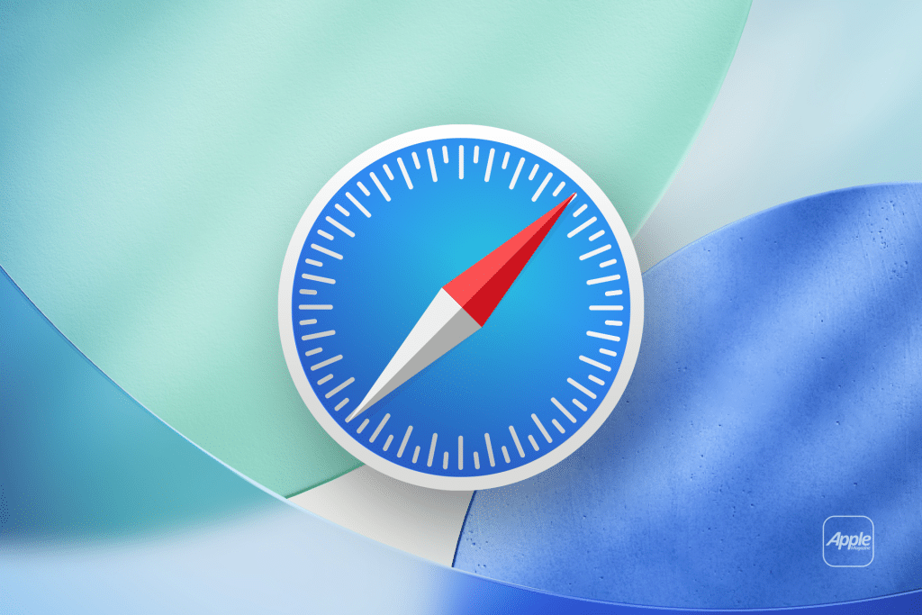The Apple Safari web browser logo, featuring a blue compass with a red and white needle, is centered on overlapping blue and green shapes, with an Apple logo in the bottom right corner—highlighting the browsing experience on macOS Safari 26 Beta.