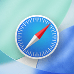 The Apple Safari web browser logo, featuring a blue compass with a red and white needle, is centered on overlapping blue and green shapes, with an Apple logo in the bottom right corner—highlighting the browsing experience on macOS Safari 26 Beta.