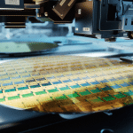 A close-up of a large silicon wafer with multiple colorful microchips, being examined by advanced machinery in a high-tech laboratory, highlighting TSMC’s cutting-edge technology in Arizona chip production.