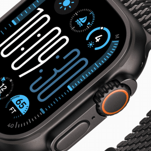 Close-up of a black Apple Watch Ultra 3 with a mesh band displaying the time (10:09:30), various health and activity metrics, and an orange ring around the side button. Stay connected with 5G and satellite features on its vibrant digital screen.