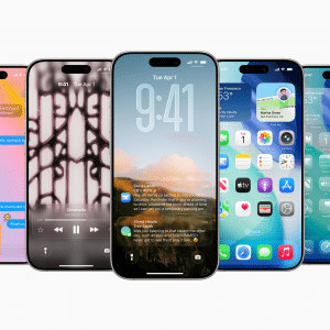 Five iPhones with different iOS 17.4 screens—Messages, music playback, lock screen, notifications, and home screen with colorful app icons—are displayed side by side against a white background, showcasing Apple’s latest iPhone design ahead of iOS 26 Beta 4.