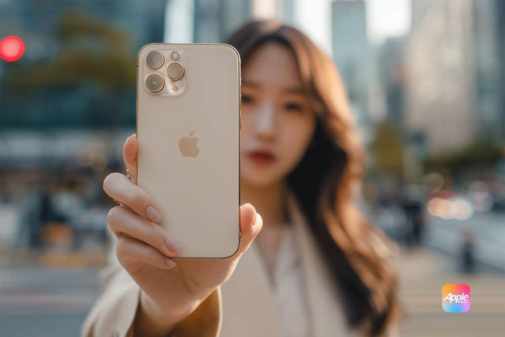 A woman outdoors holds an iPhone with a gold finish toward the camera, displaying the Apple logo prominently. The city background is blurred, and the Apple logo is visible in the corner.