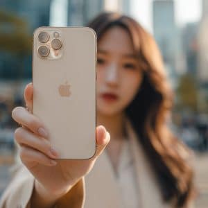 A woman outdoors holds an iPhone with a gold finish toward the camera, displaying the Apple logo prominently. The city background is blurred, and the Apple logo is visible in the corner.