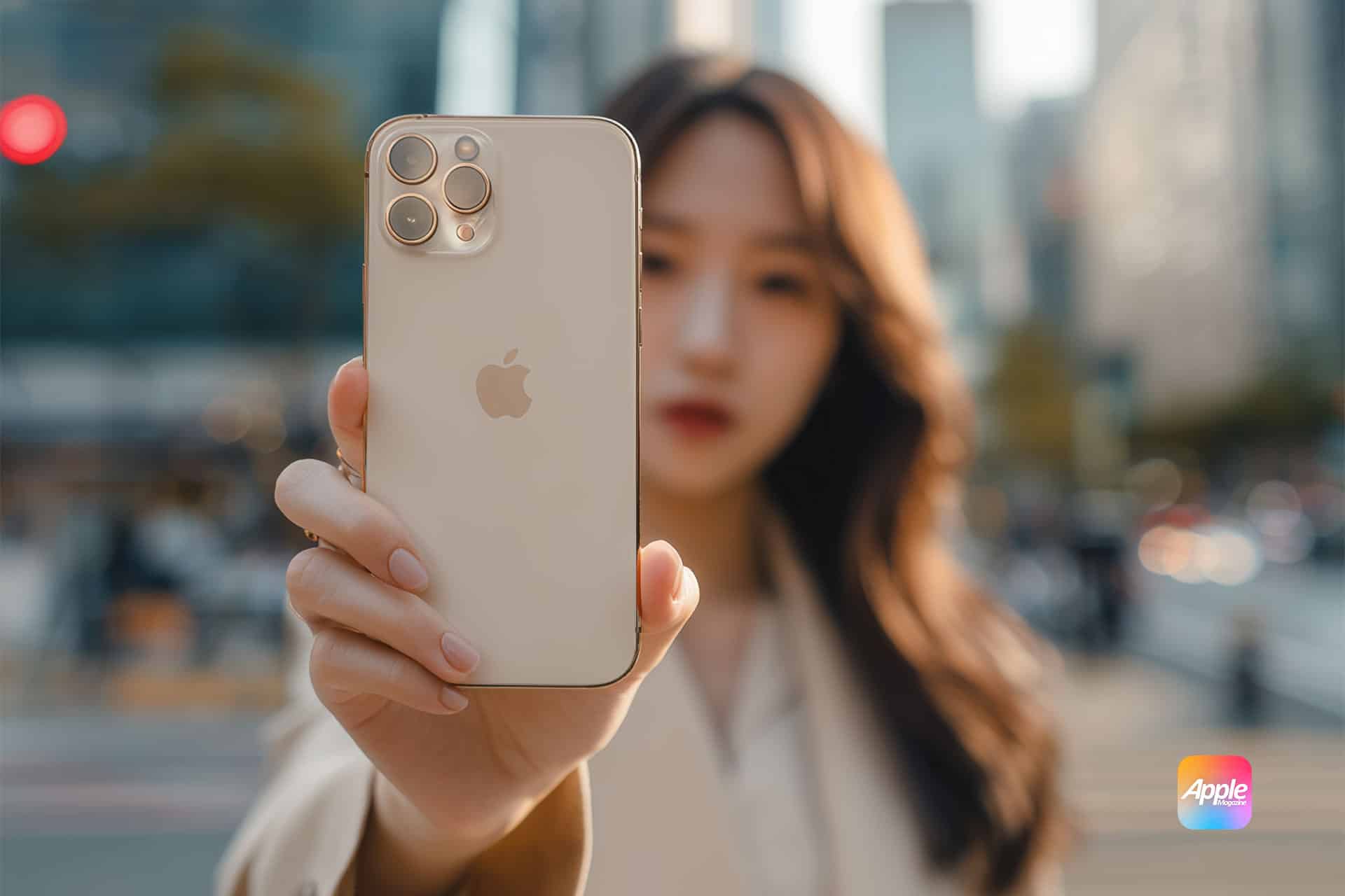A woman outdoors holds an iPhone with a gold finish toward the camera, displaying the Apple logo prominently. The city background is blurred, and the Apple logo is visible in the corner.