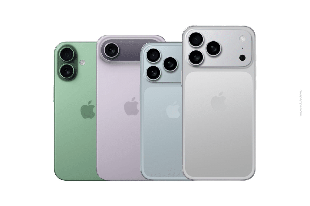 Four iPhones, including the redesigned iPhone 17 Pro in green, purple, blue, and white, stand upright side by side on a white background, each showcasing the Apple logo and dual or triple rear cameras.