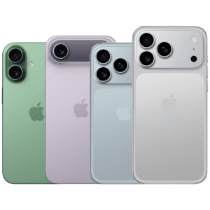 Four iPhones, including the redesigned iPhone 17 Pro in green, purple, blue, and white, stand upright side by side on a white background, each showcasing the Apple logo and dual or triple rear cameras.