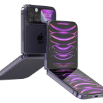 Two foldable smartphones, reminiscent of a Foldable iPhone, feature purple metallic bodies and glowing futuristic light patterns. One device is partially folded, while the other stands upright, heralding a new era of design and innovation.