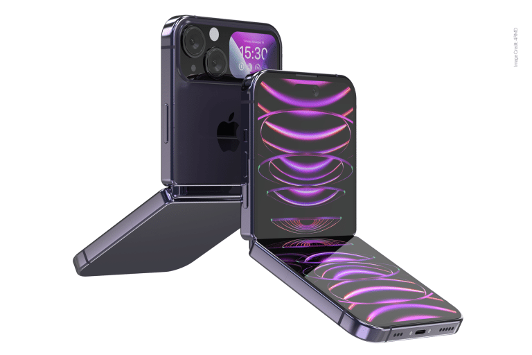 Two foldable smartphones, reminiscent of a Foldable iPhone, feature purple metallic bodies and glowing futuristic light patterns. One device is partially folded, while the other stands upright, heralding a new era of design and innovation.